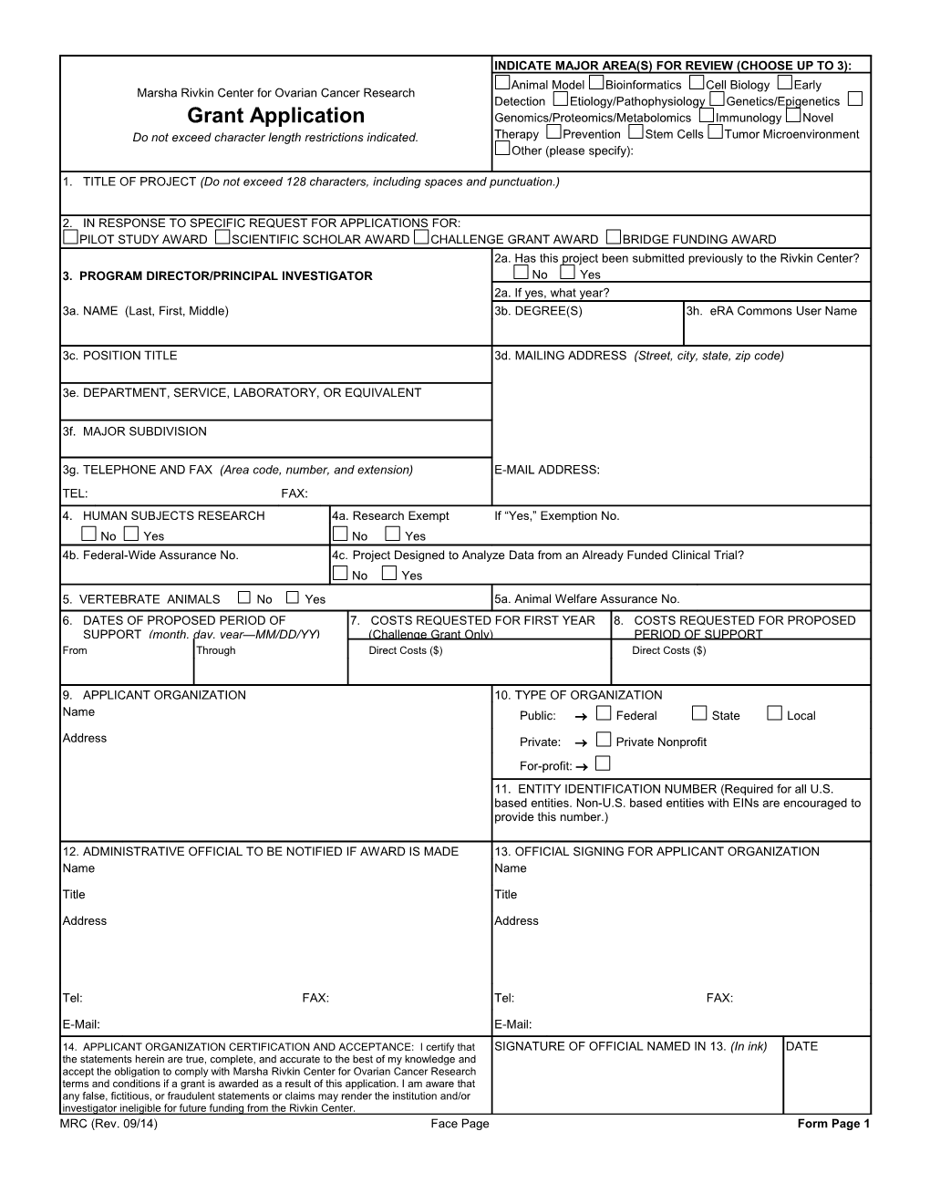 PHS 398, Fp1 (Rev. 11/07), Face Page, Form Page 1