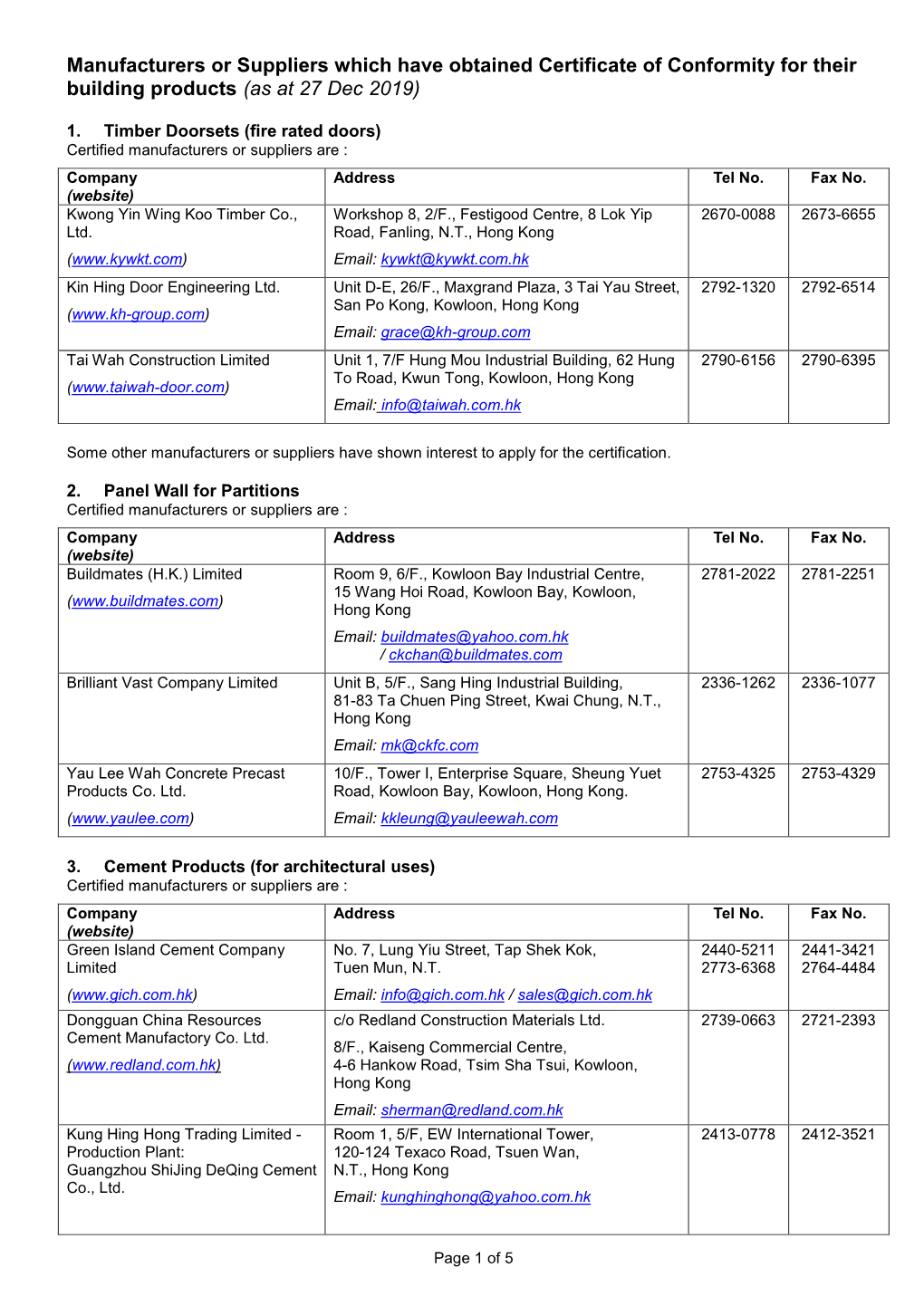 Manufacturers Or Suppliers Which Have Obtained Certificate of Conformity for Their Building Products (As at 27 Dec 2019)