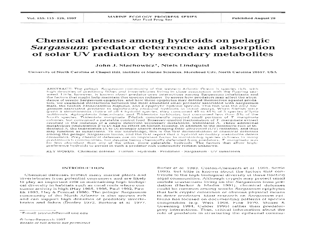 Chemical Defense Among Hydroids on Pelagic Sargassum: Predator Deterrence and Absorption of Solar UV Radiation by Secondary Metabolites