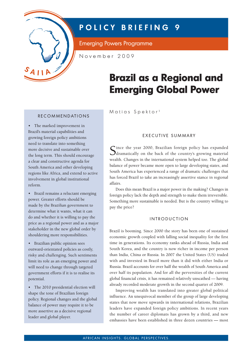 Brazil As a Regional and Emerging Global Power