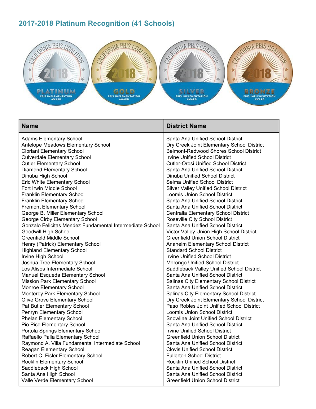 2017-2018 Platinum Recognition (41 Schools)