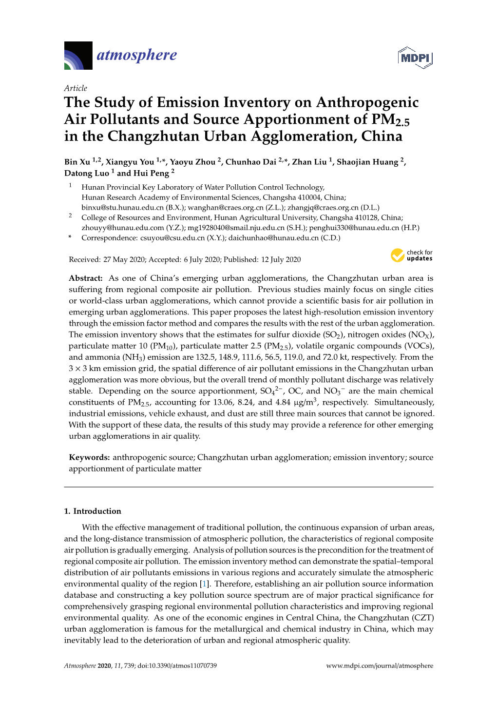 The Study of Emission Inventory on Anthropogenic Air Pollutants and Source Apportionment of PM2.5 in the Changzhutan Urban Agglomeration, China