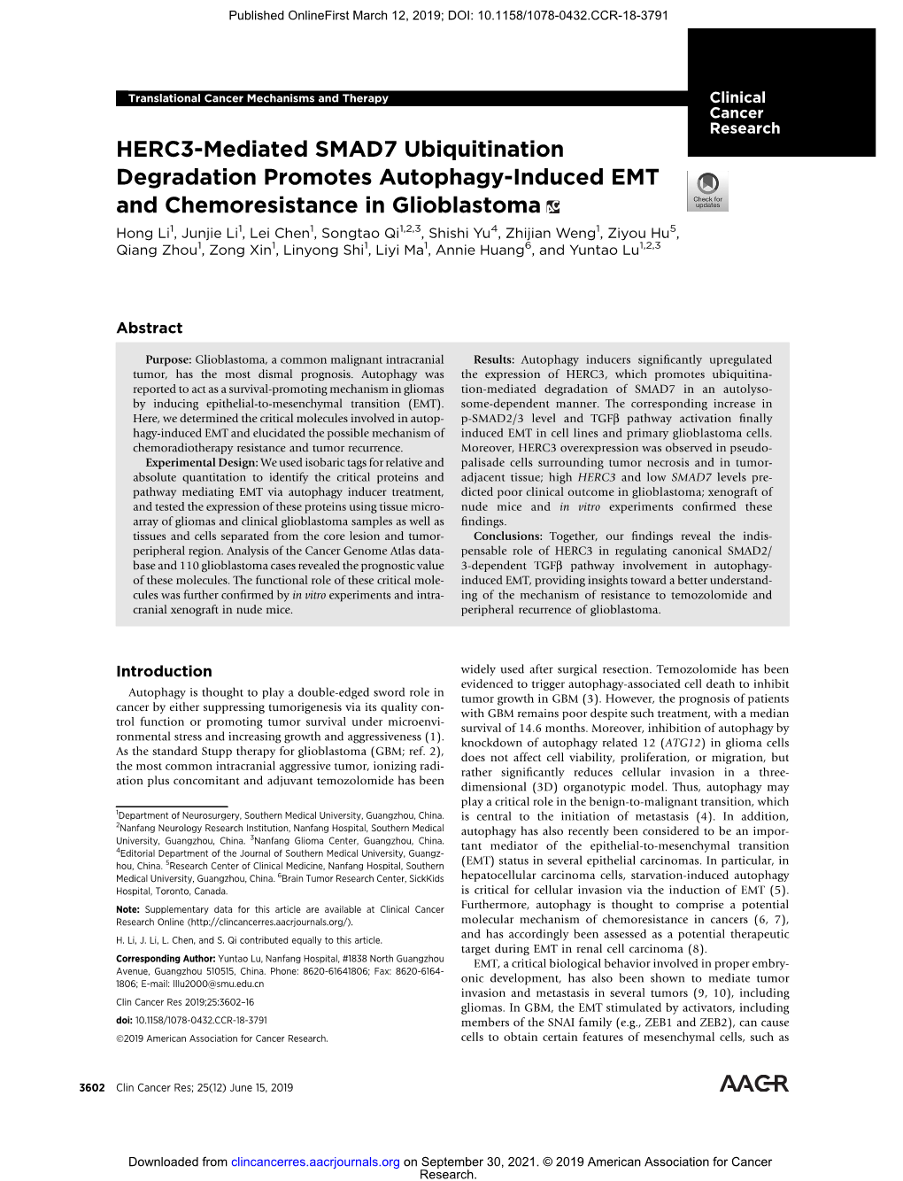 HERC3-Mediated SMAD7 Ubiquitination Degradation Promotes Autophagy-Induced EMT and Chemoresistance in Glioblastoma