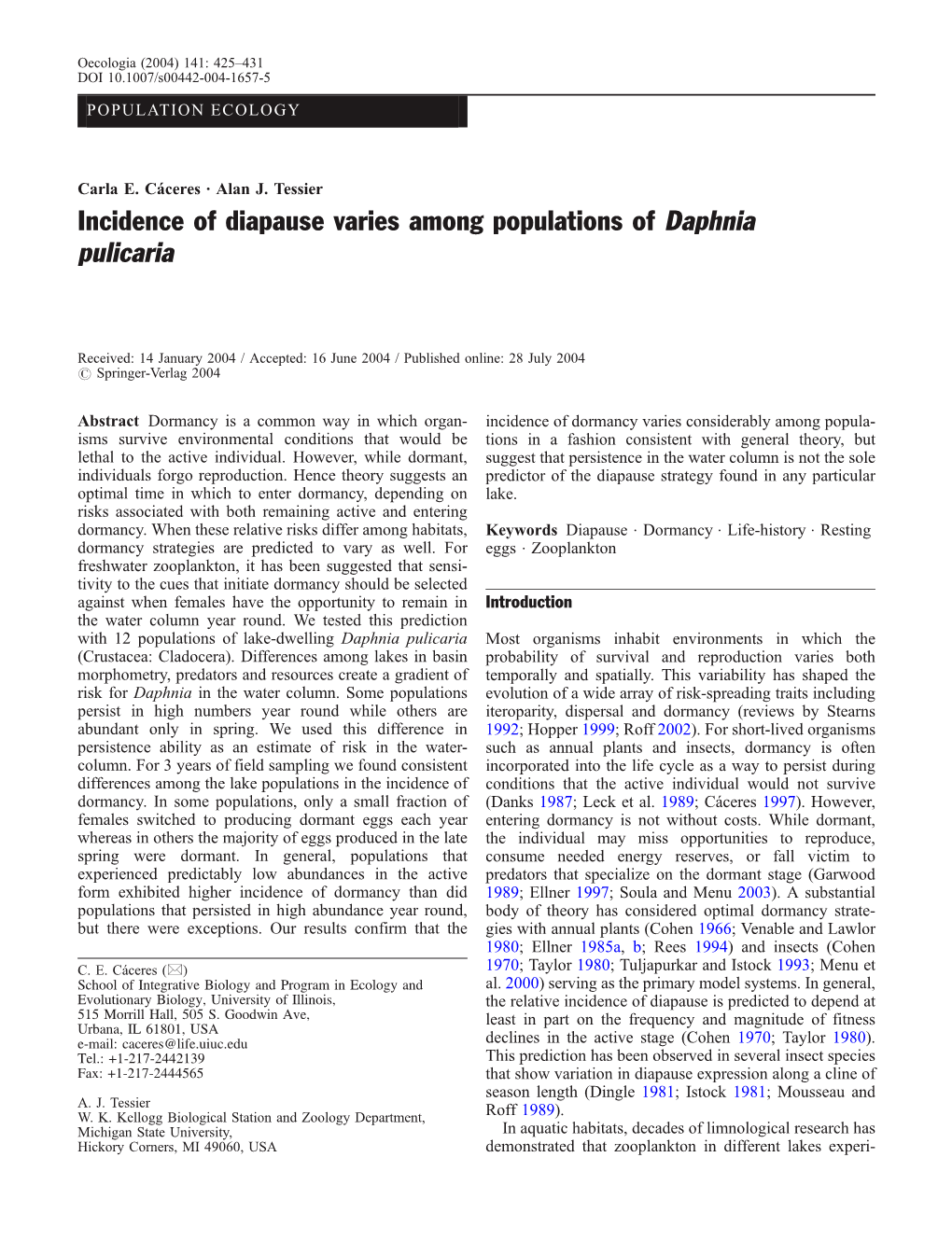 Incidence of Diapause Varies Among Populations of Daphnia Pulicaria