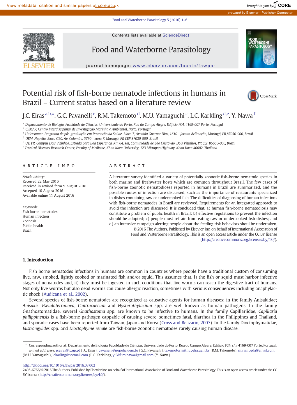 Potential Risk of Fish-Borne Nematode Infections in Humans in Brazil