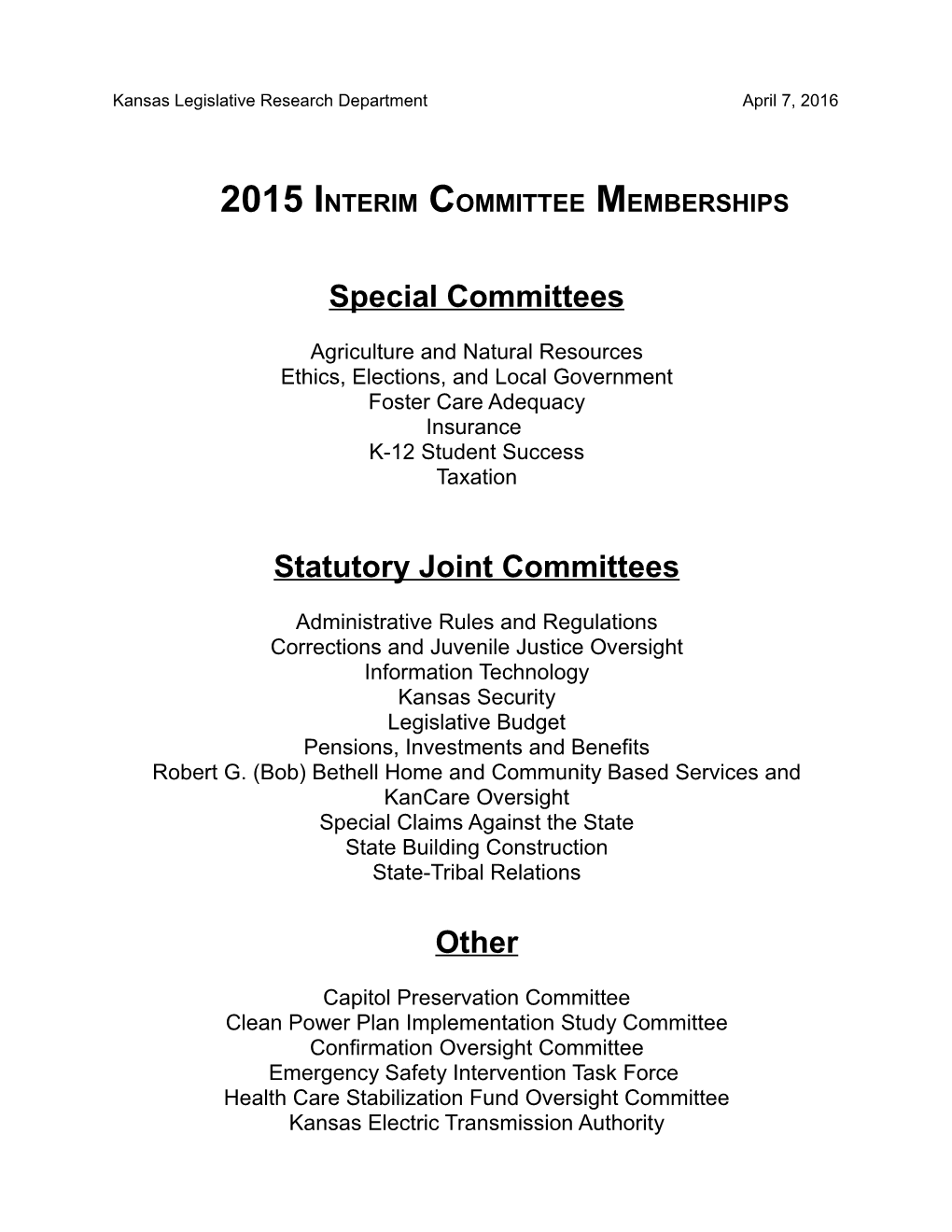 2015 Interim Committee Membership Listing