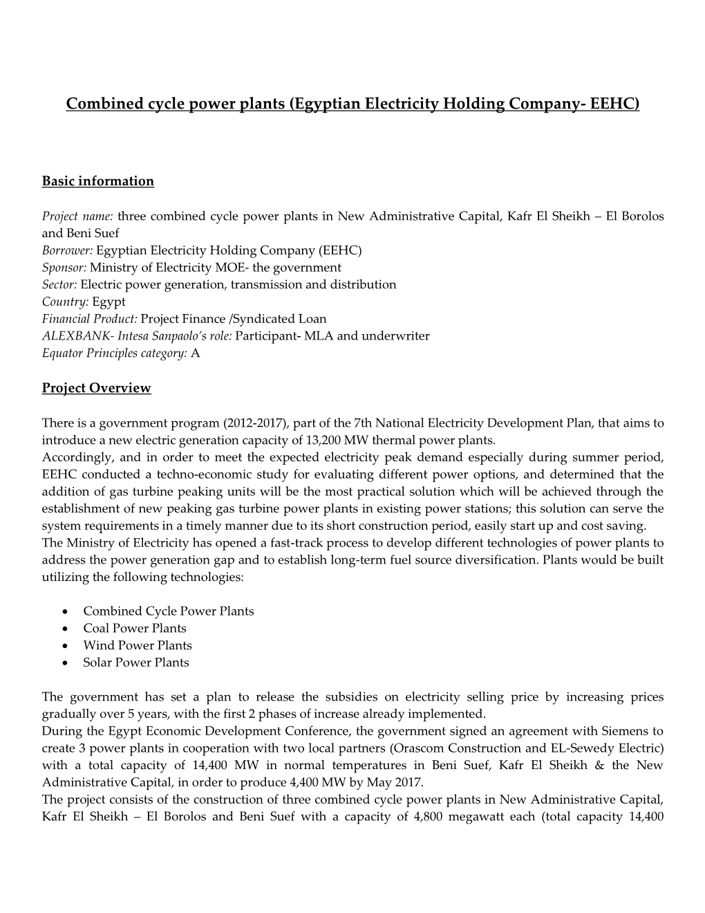 Combined Cycle Power Plants (Egyptian Electricity Holding Company- EEHC)