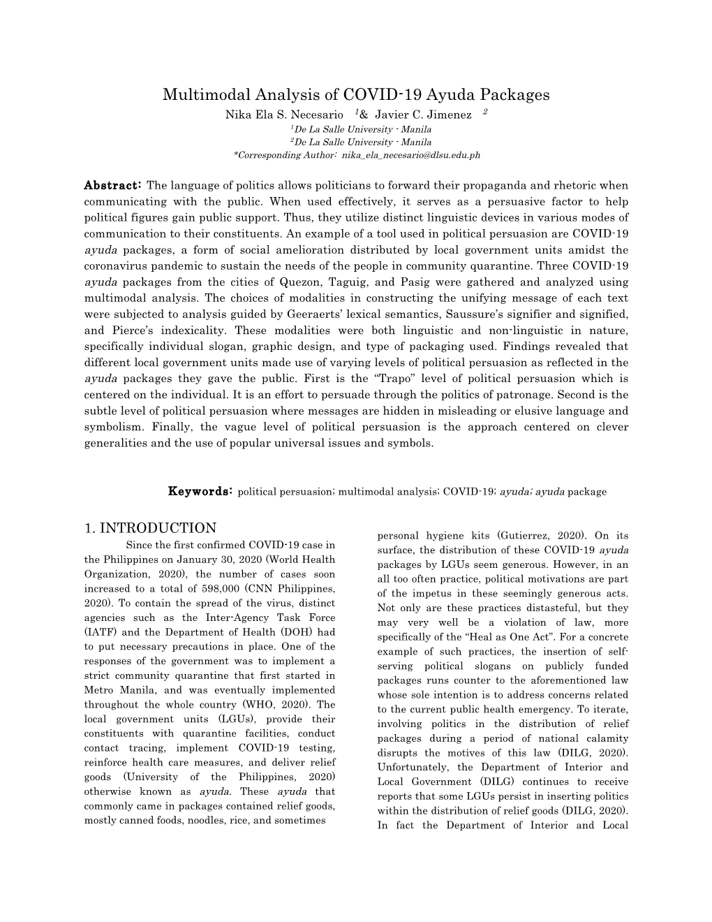 Multimodal Analysis of COVID-19 Ayuda Packages Nika Ela S