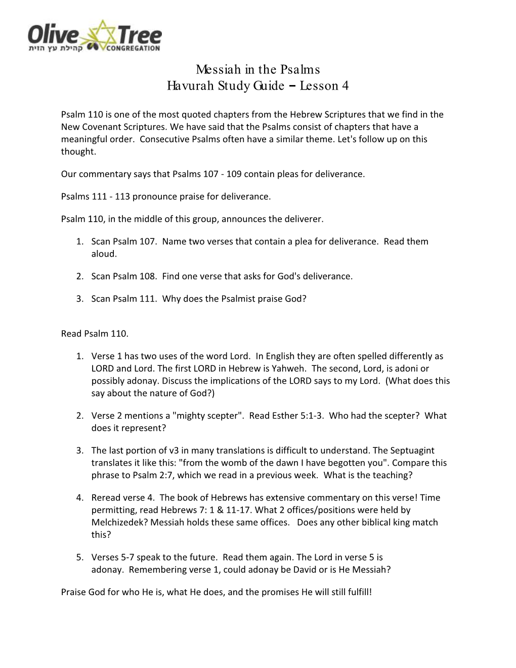 Messiah in the Psalms Havurah Study Guide Lesson 4