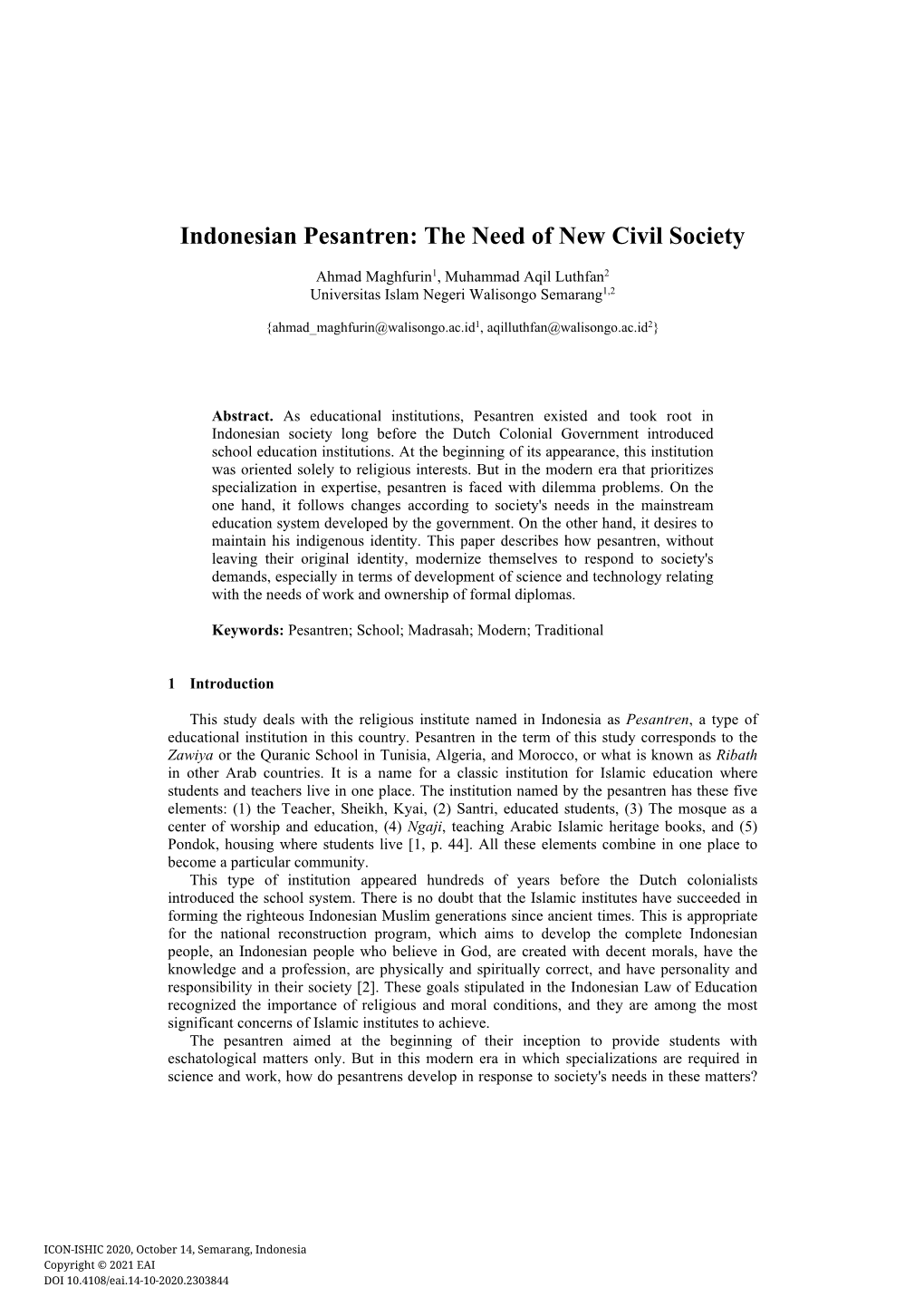 Indonesian Pesantren: the Need of New Civil Society