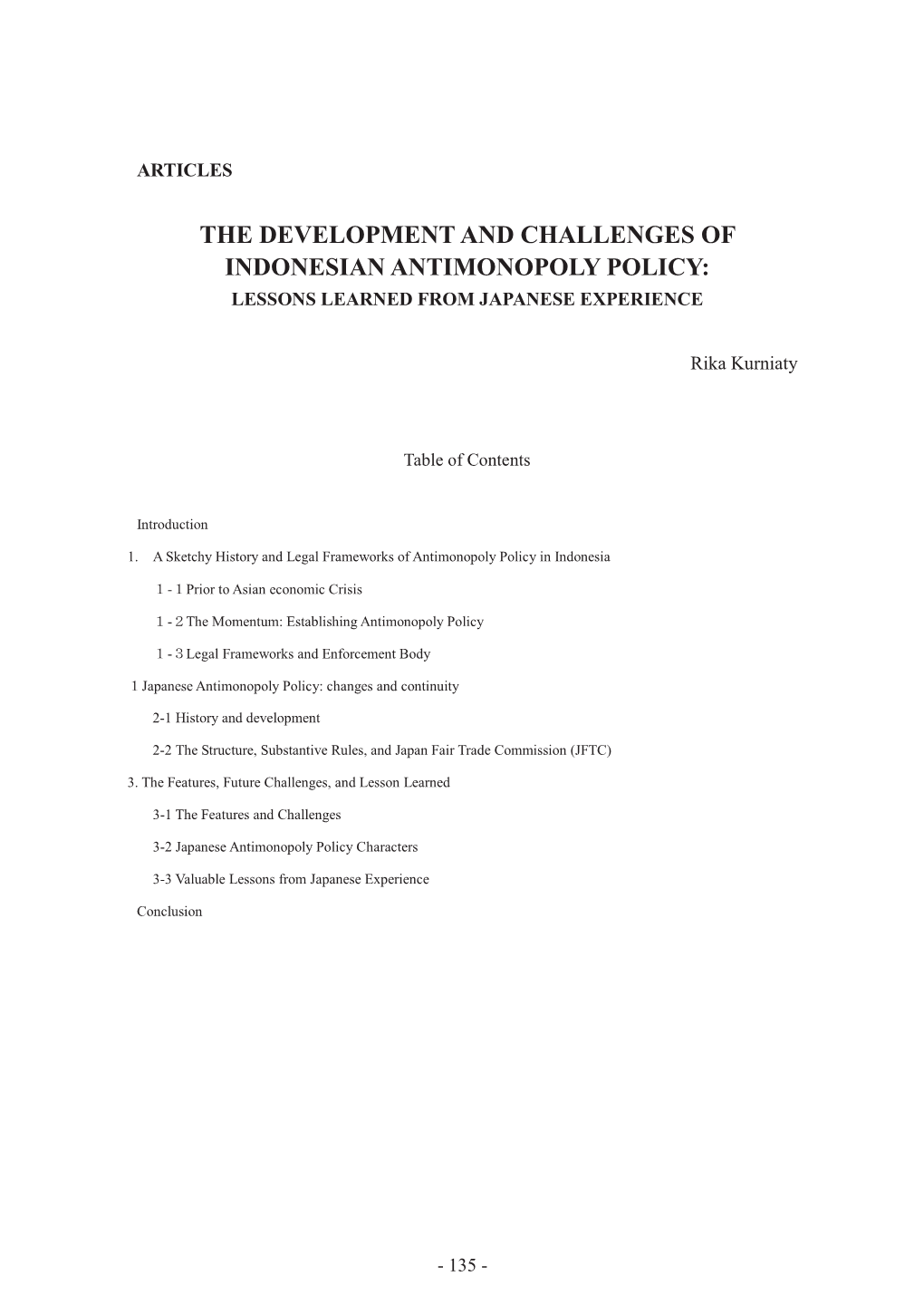 The Development and Challenges of Indonesian Antimonopoly Policy: Lessons Learned from Japanese Experience