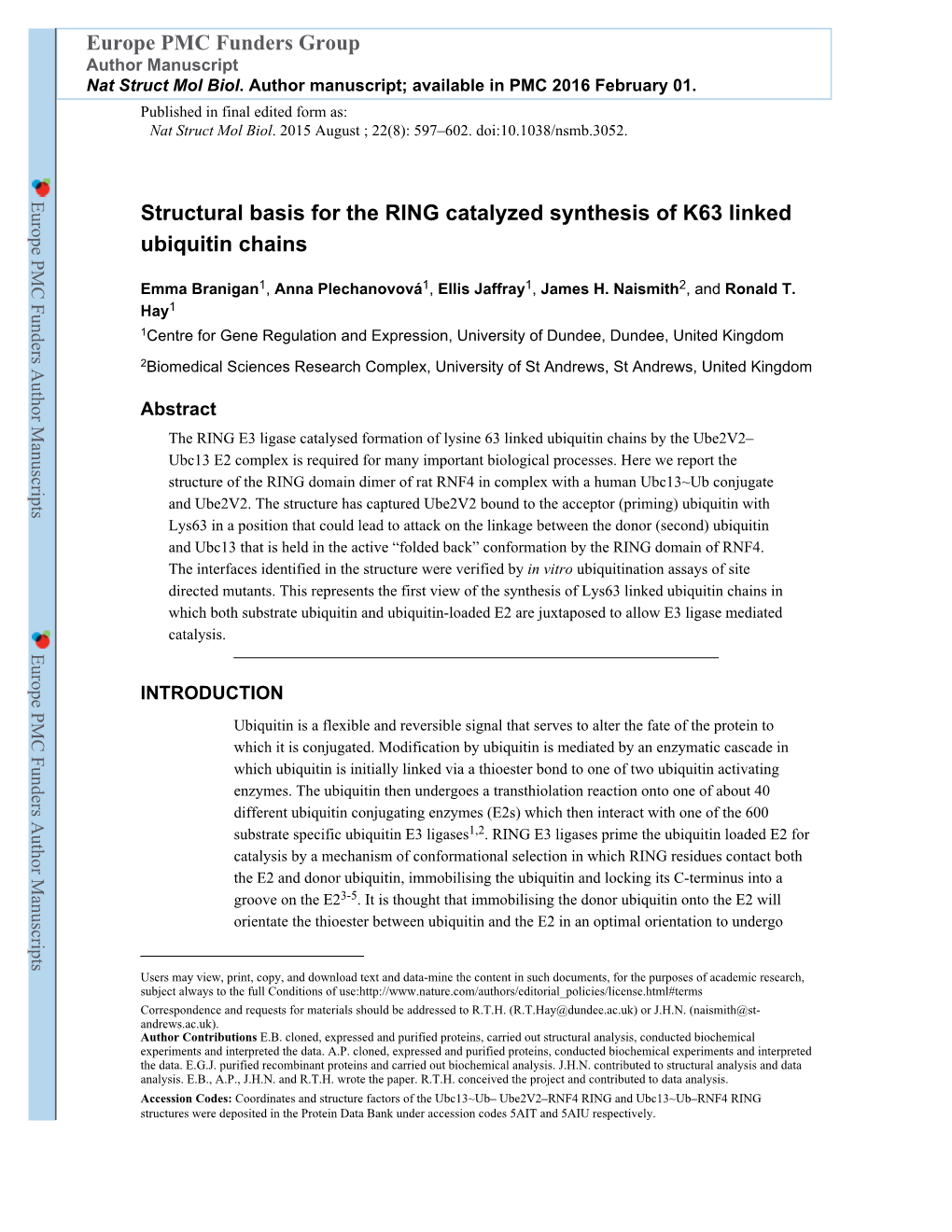 Structural Basis for the RING Catalyzed Synthesis of K63 Linked Ubiquitin Chains