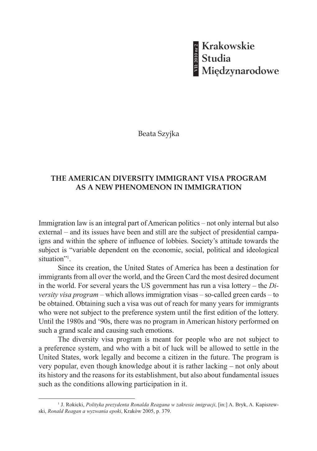 The American Diversity Immigrant Visa Program As a New Phenomenon in Immigration