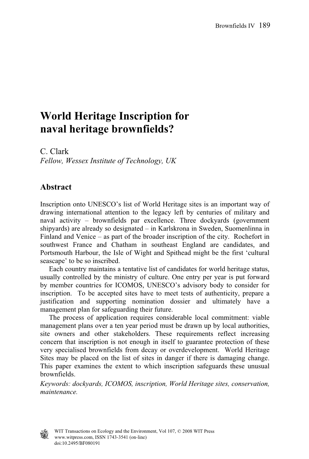 World Heritage Inscription for Naval Heritage Brownfields?