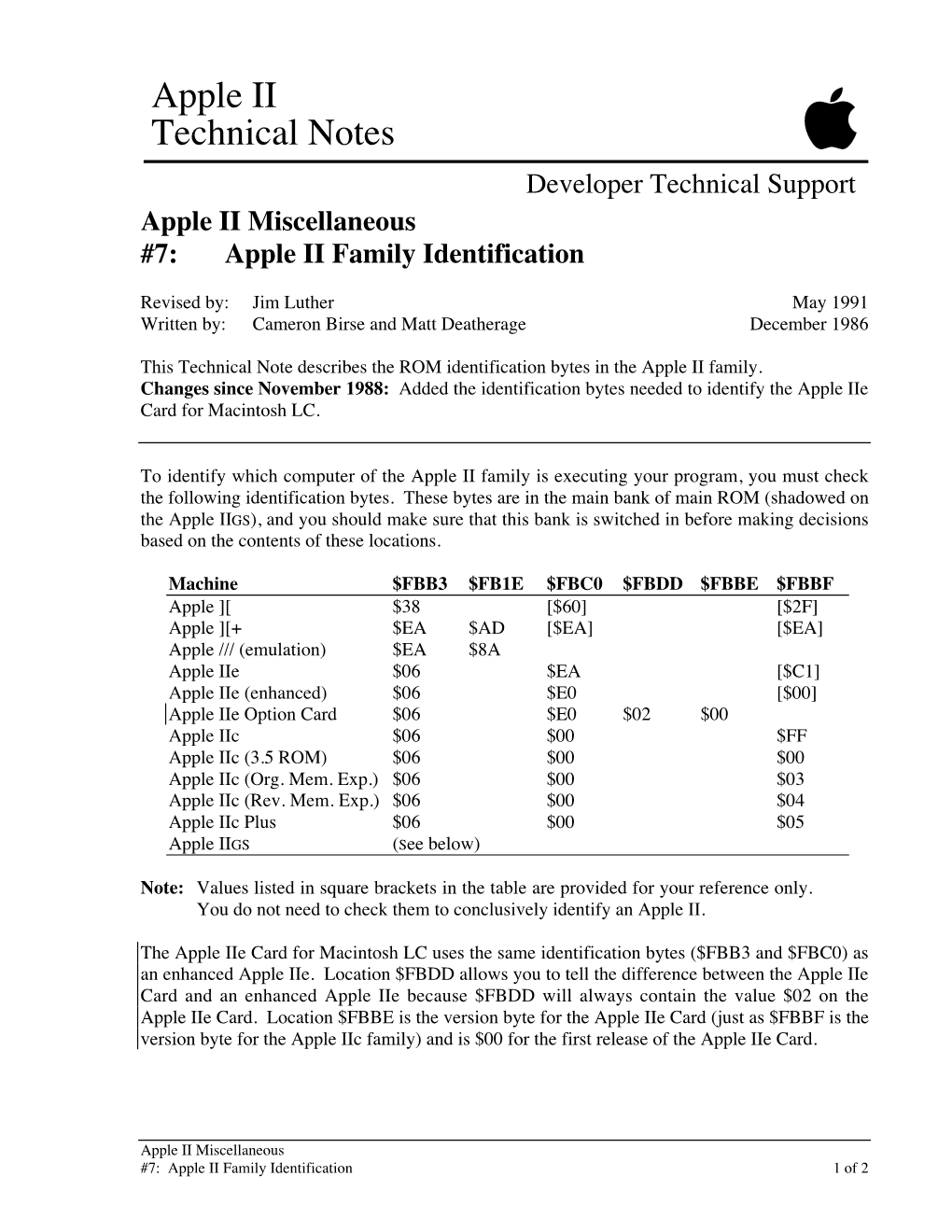 Apple II Technical Notes  Developer Technical Support Apple II Miscellaneous #7: Apple II Family Identification