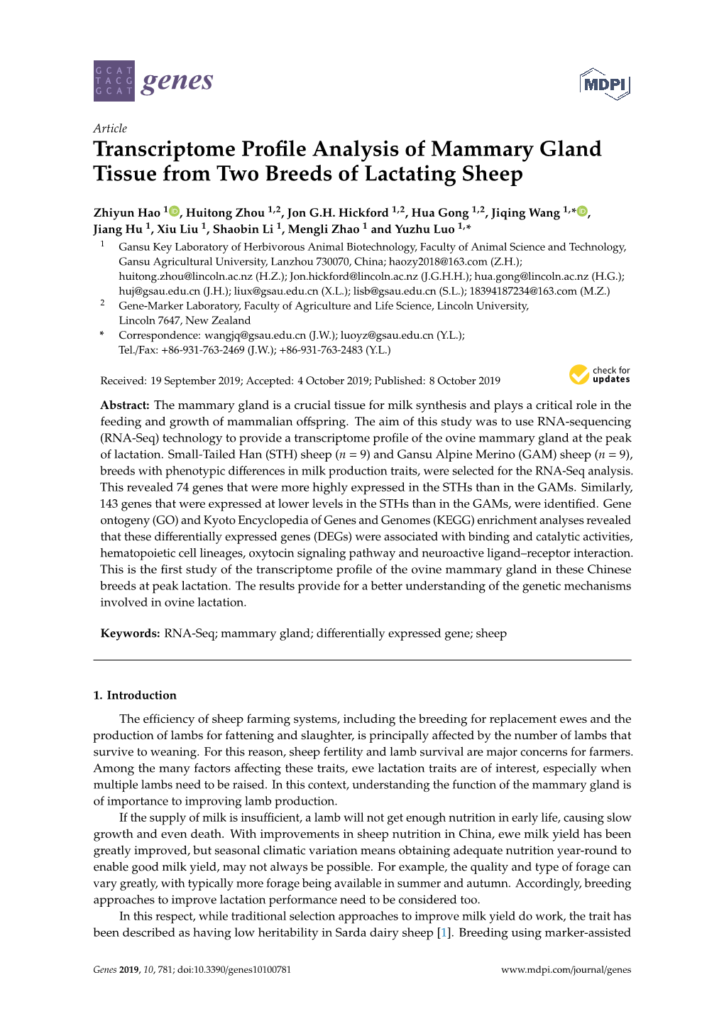 Transcriptome Profile Analysis of Mammary Gland Tissue from Two