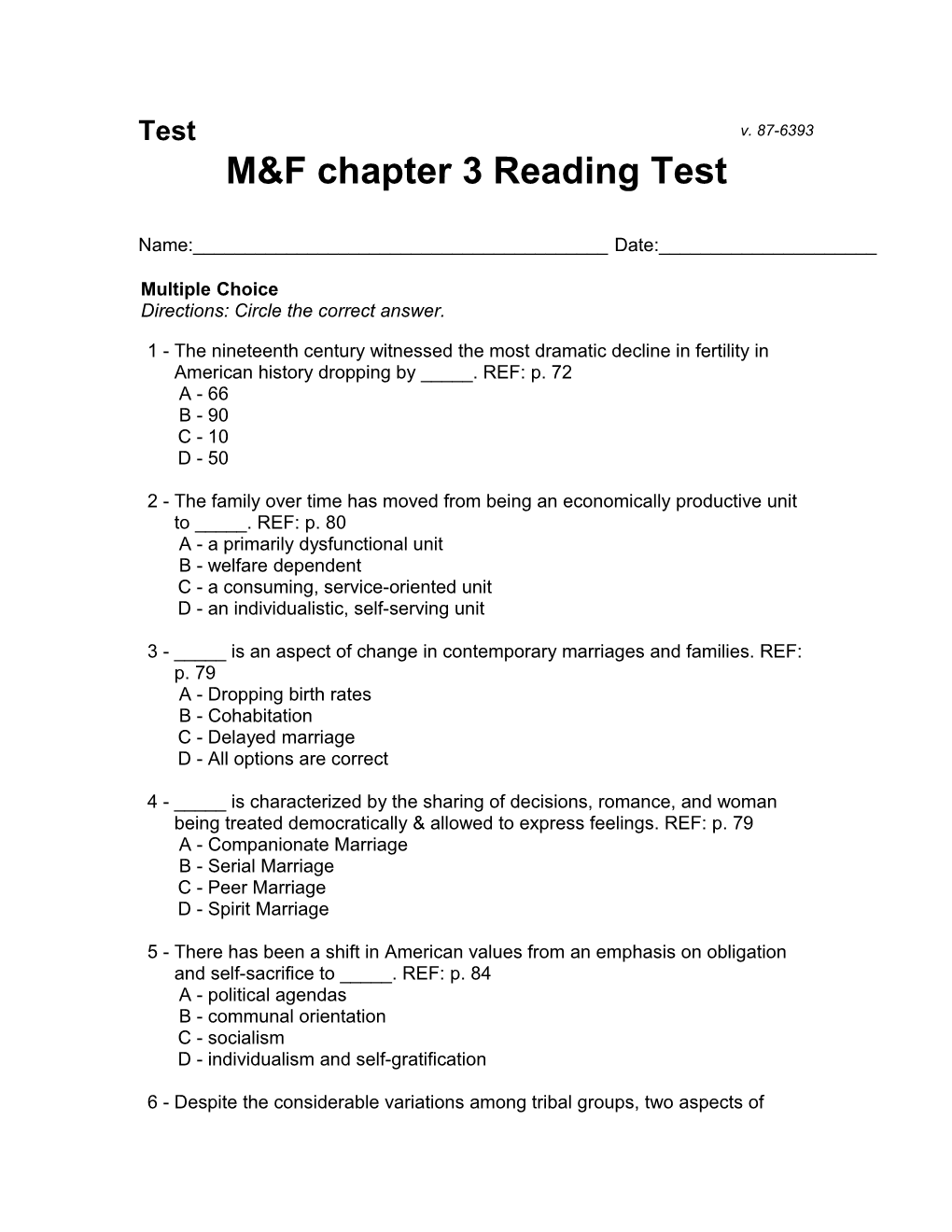 M&F Chapter 3 Reading Test