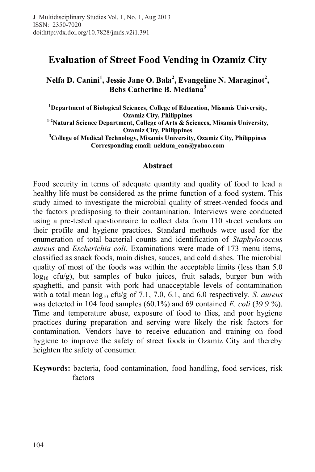 Evaluation of Street Food Vending in Ozamiz City