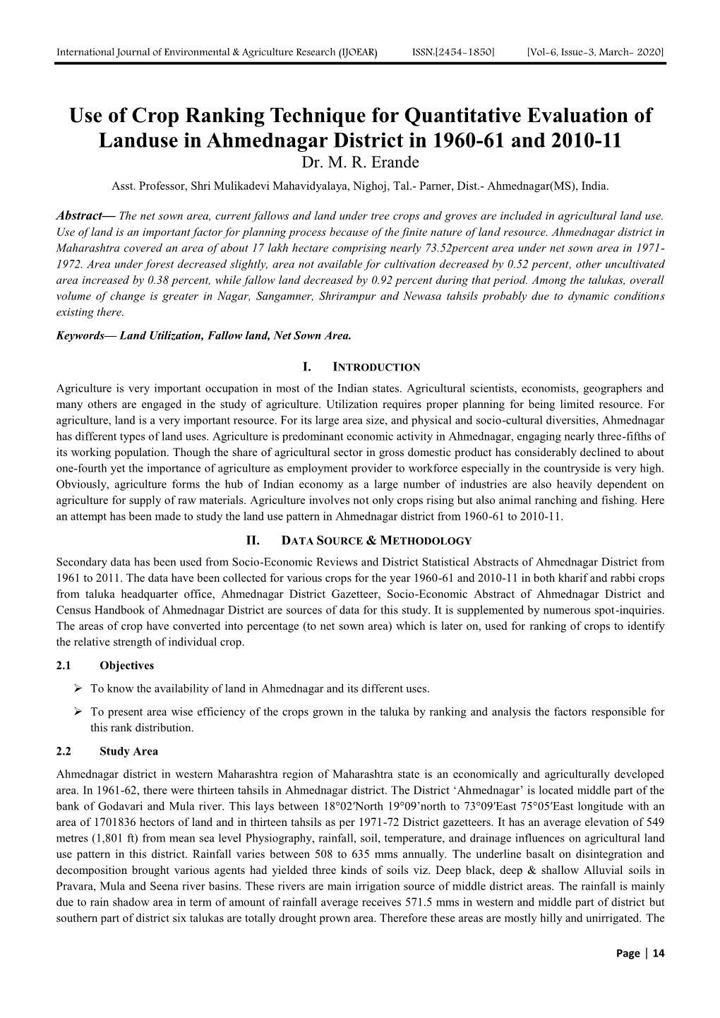 Use of Crop Ranking Technique for Quantitative Evaluation of Landuse in Ahmednagar District in 1960-61 and 2010-11 Dr