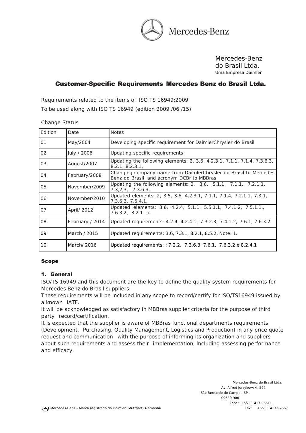 Customer-Specific Requirements Mercedes Benz Do Brasil Ltda