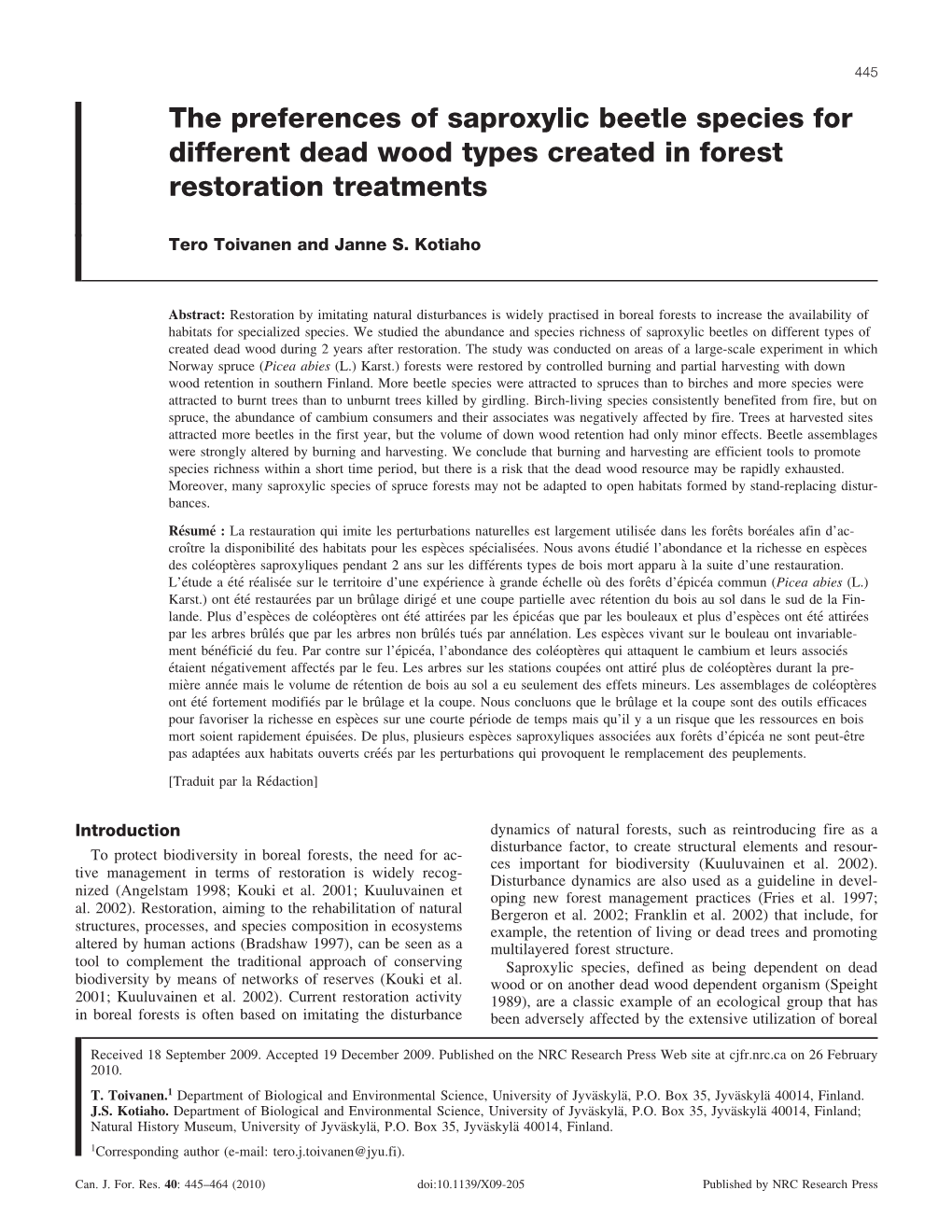 The Preferences of Saproxylic Beetle Species for Different Dead Wood Types Created in Forest Restoration Treatments