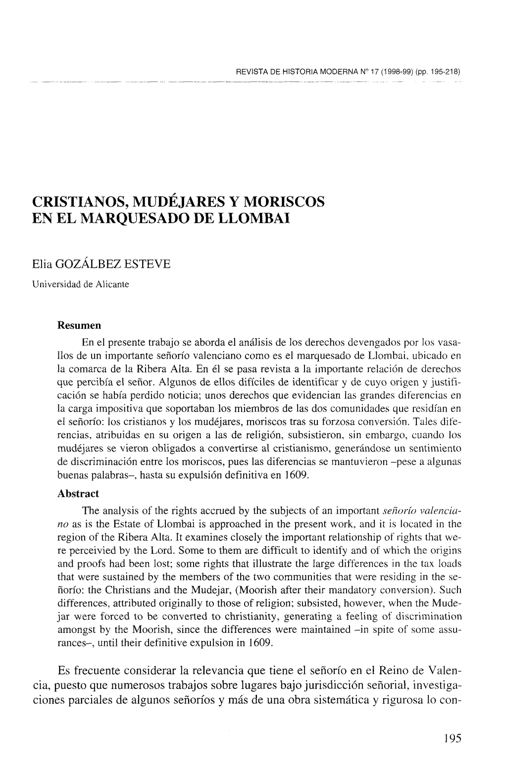 Cristianos, Mudejares Y Moriscos En El Marquesado De Llombai