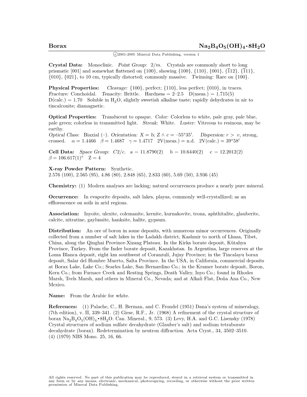 Borax Na2b4o5(OH)4 • 8H2O C 2001-2005 Mineral Data Publishing, Version 1