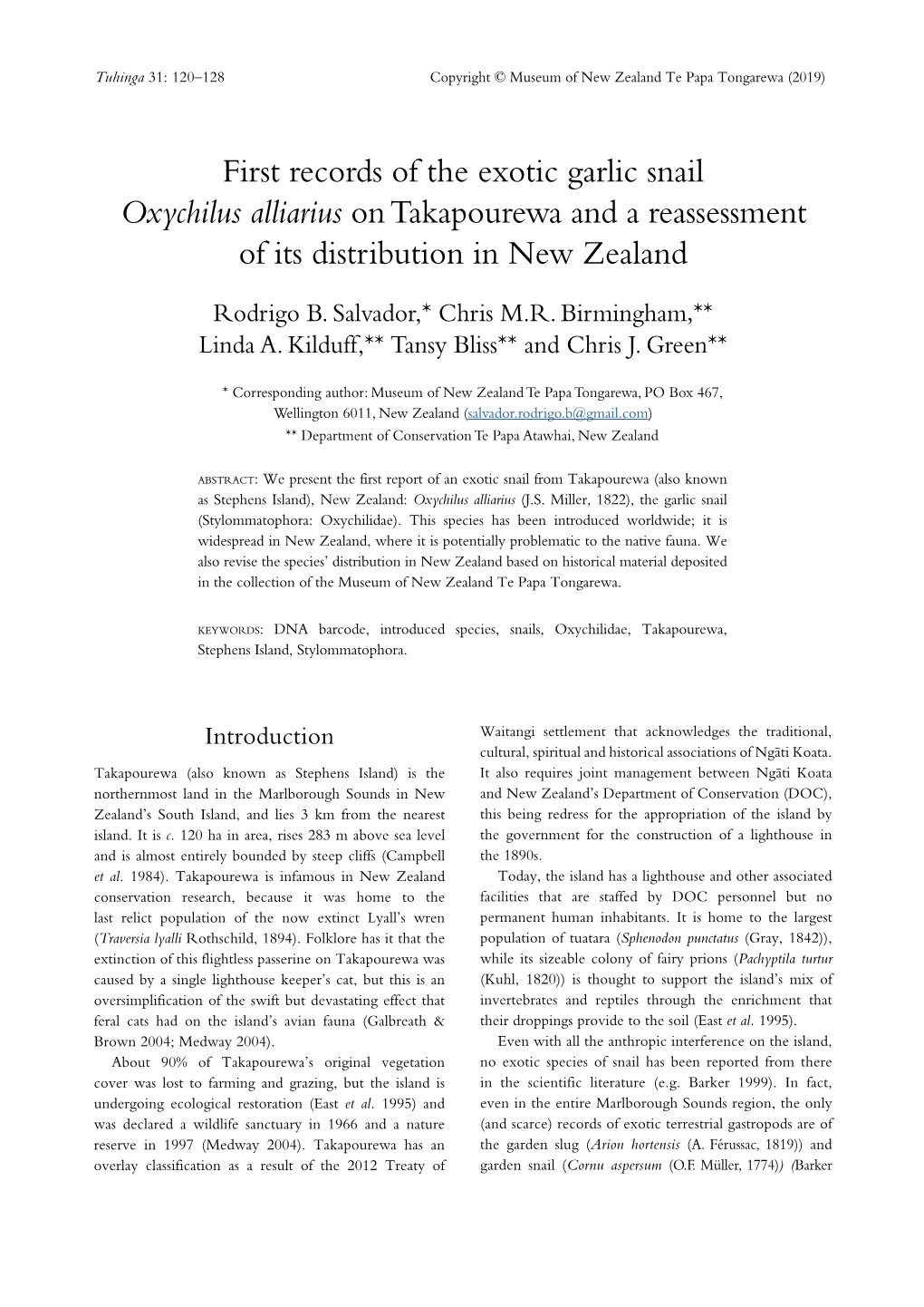 First Records of the Exotic Garlic Snail Oxychilus Alliarius on Takapourewa and a Reassessment of Its Distribution in New Zealand