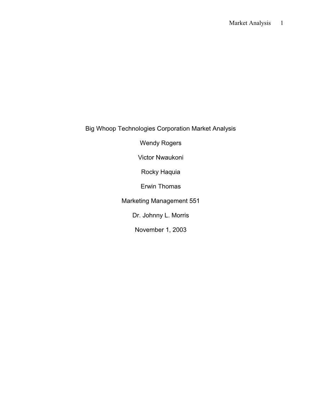 Big Whoop Technologies Corporation Market Analysis