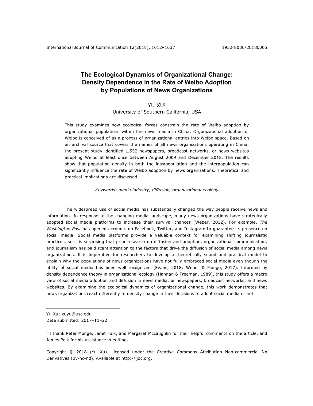 The Ecological Dynamics of Organizational Change: Density Dependence in the Rate of Weibo Adoption by Populations of News Organizations