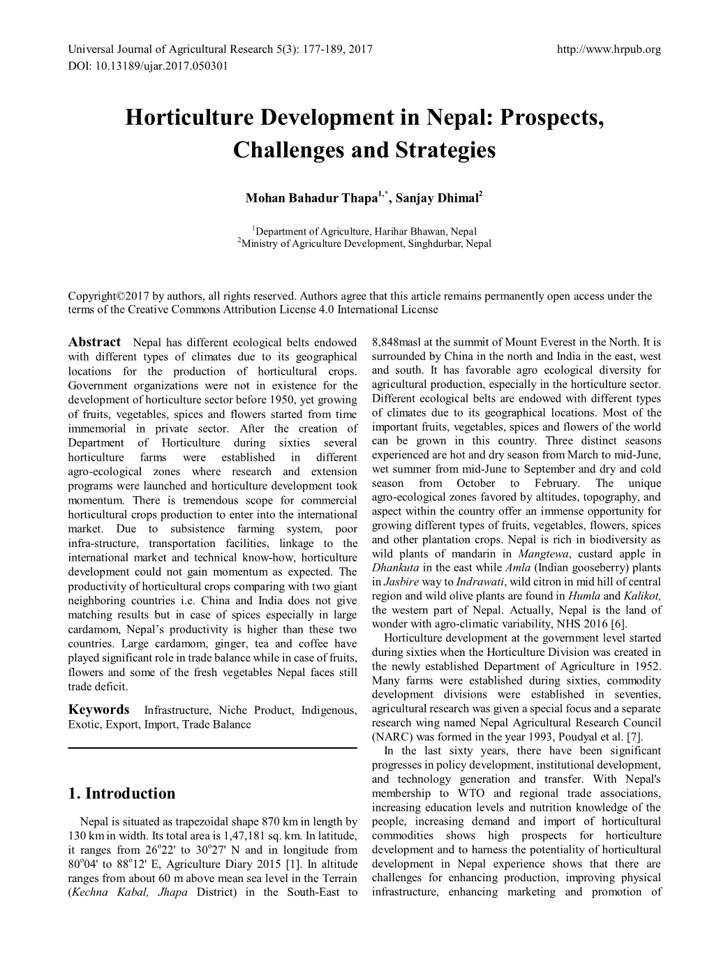 Horticulture Development in Nepal: Prospects, Challenges and Strategies