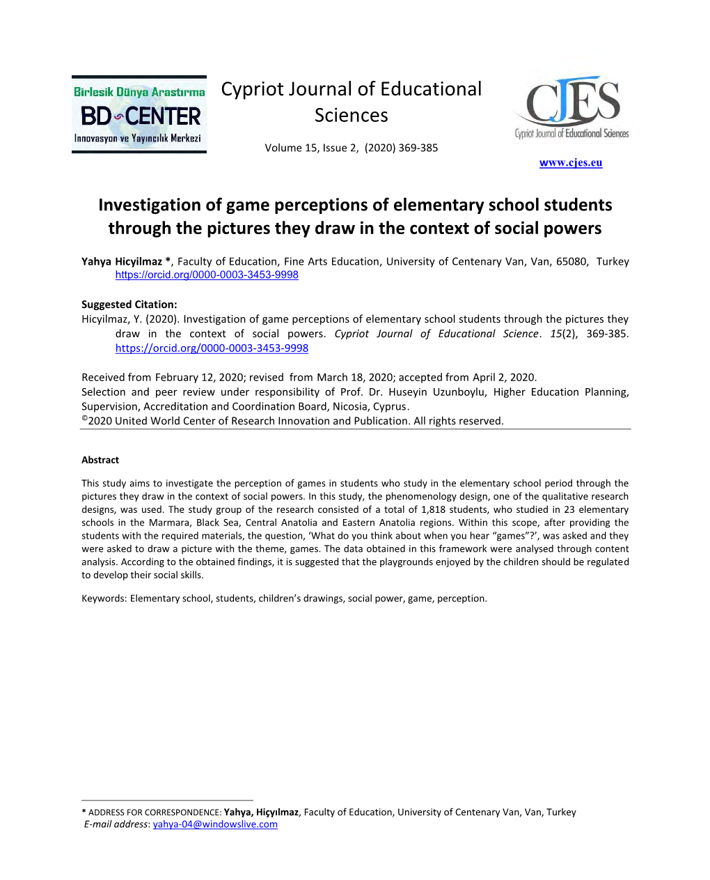 Cypriot Journal of Educational Sciences