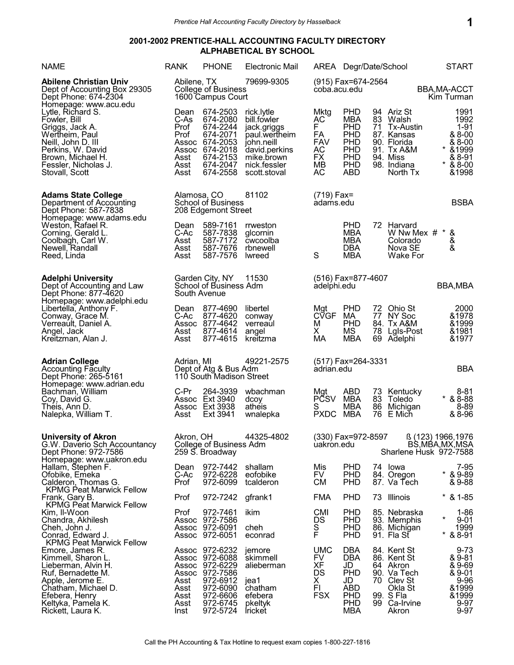 2001-2002 Prentice-Hall Accounting Faculty Directory Alphabetical by School