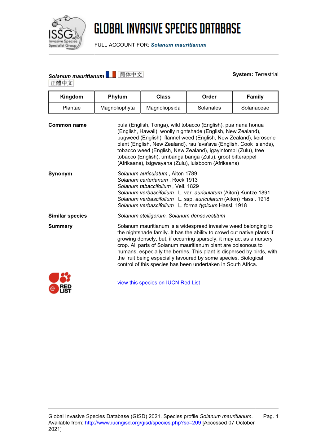 Solanum Mauritianum Global Invasive Species Database (GISD)