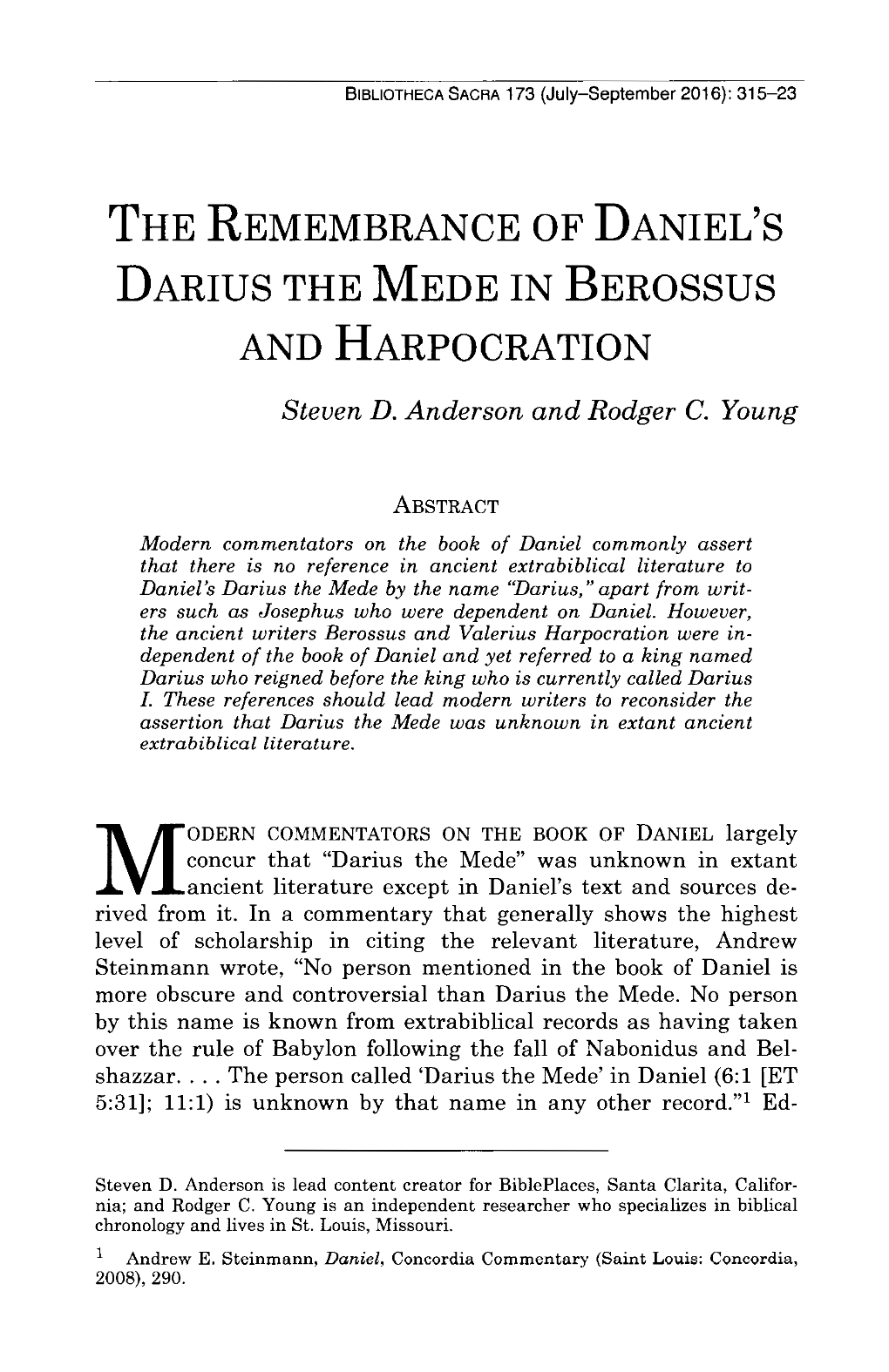 The Remembrance of Daniel's Darius the Mede in Berossus and Harpocration