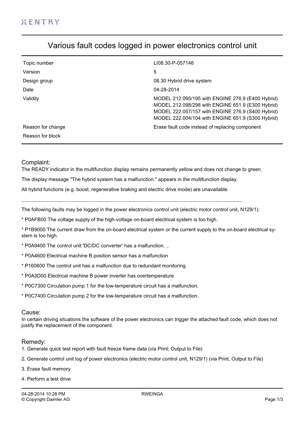 Various Fault Codes Logged in Power Electronics Control Unit