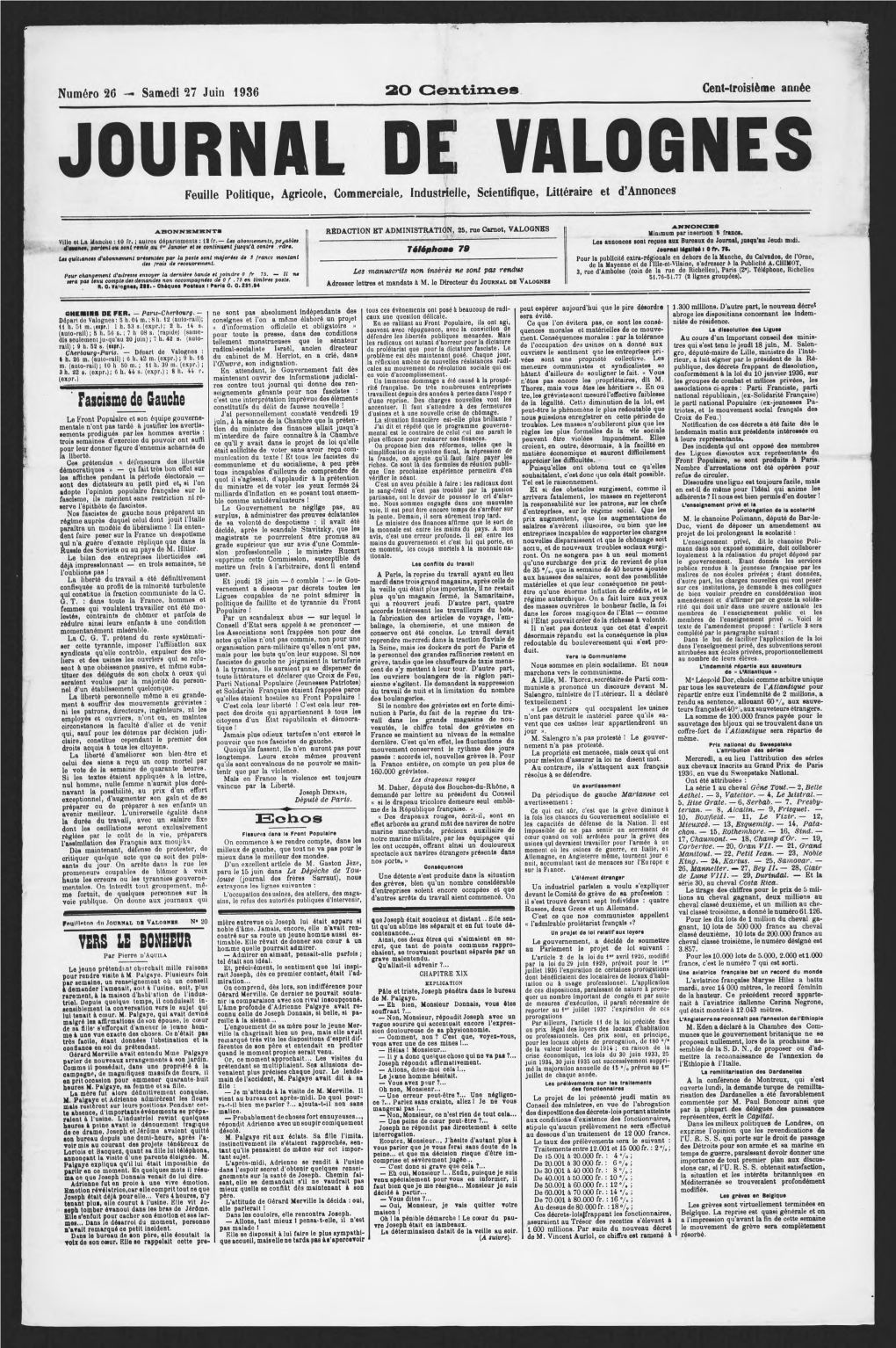 JOURNAL DE VALOGNES Feuille Politique, Agricole, Commerciale, Industrielle, Scientifique, Littéraire Et D Annonces