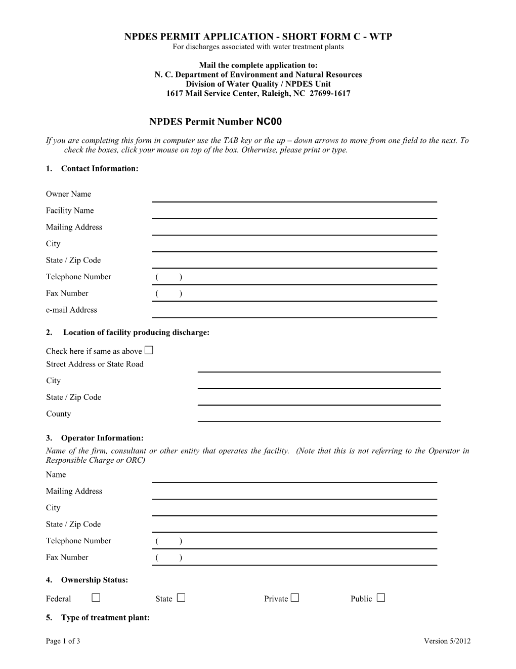 Npdes Permit Application - Short Form C - Wtp