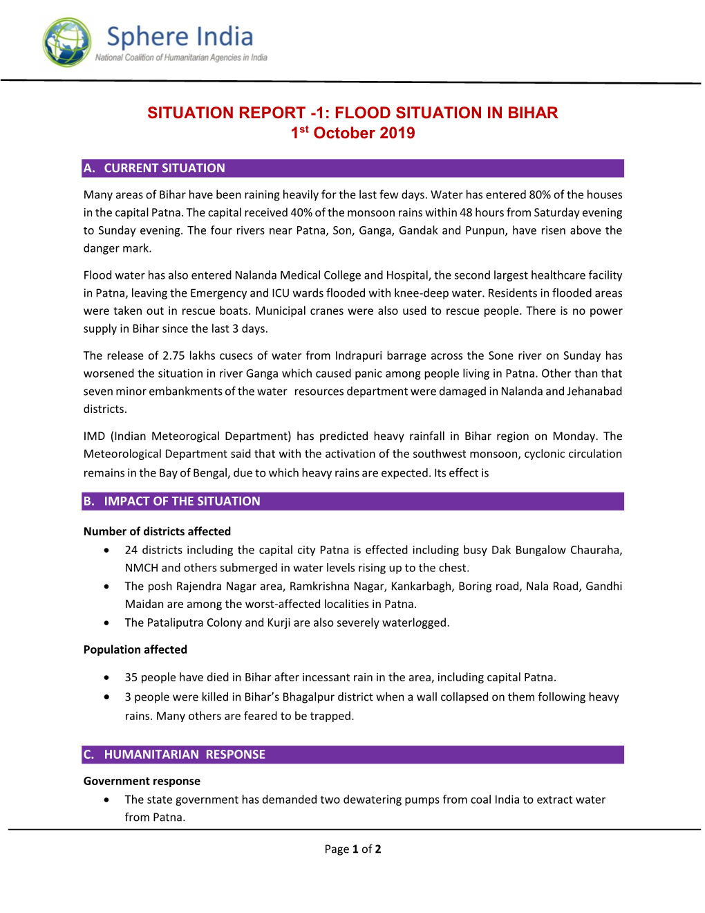 SITUATION REPORT -1: FLOOD SITUATION in BIHAR 1St October 2019