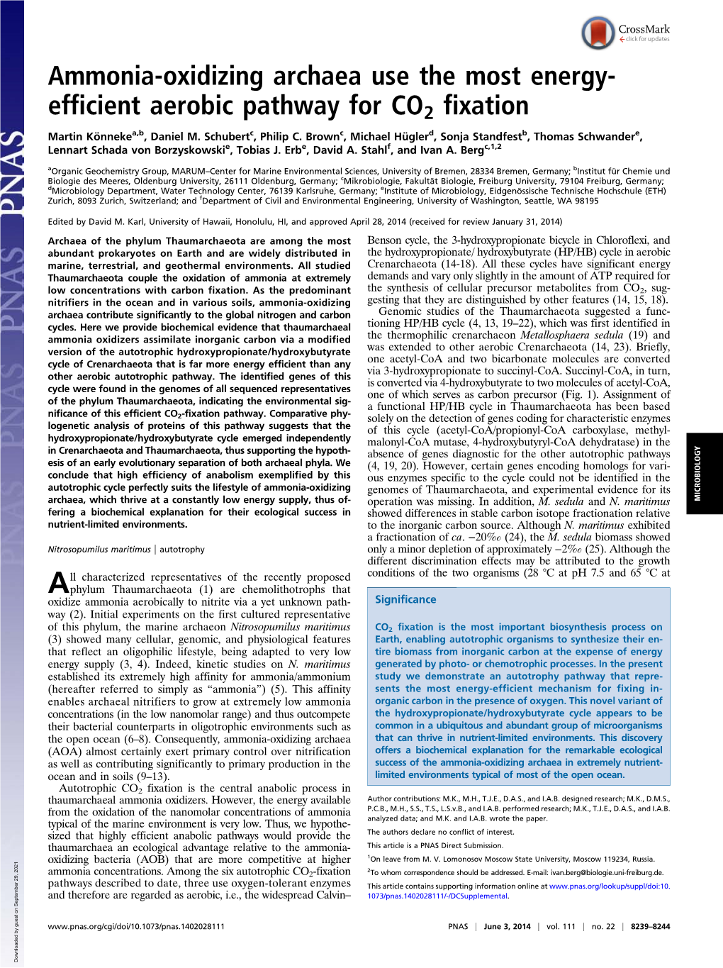 Ammonia-Oxidizing Archaea Use the Most Energy- Efficient Aerobic Pathway for CO2 Fixation Martin Könnekea,B, Daniel M