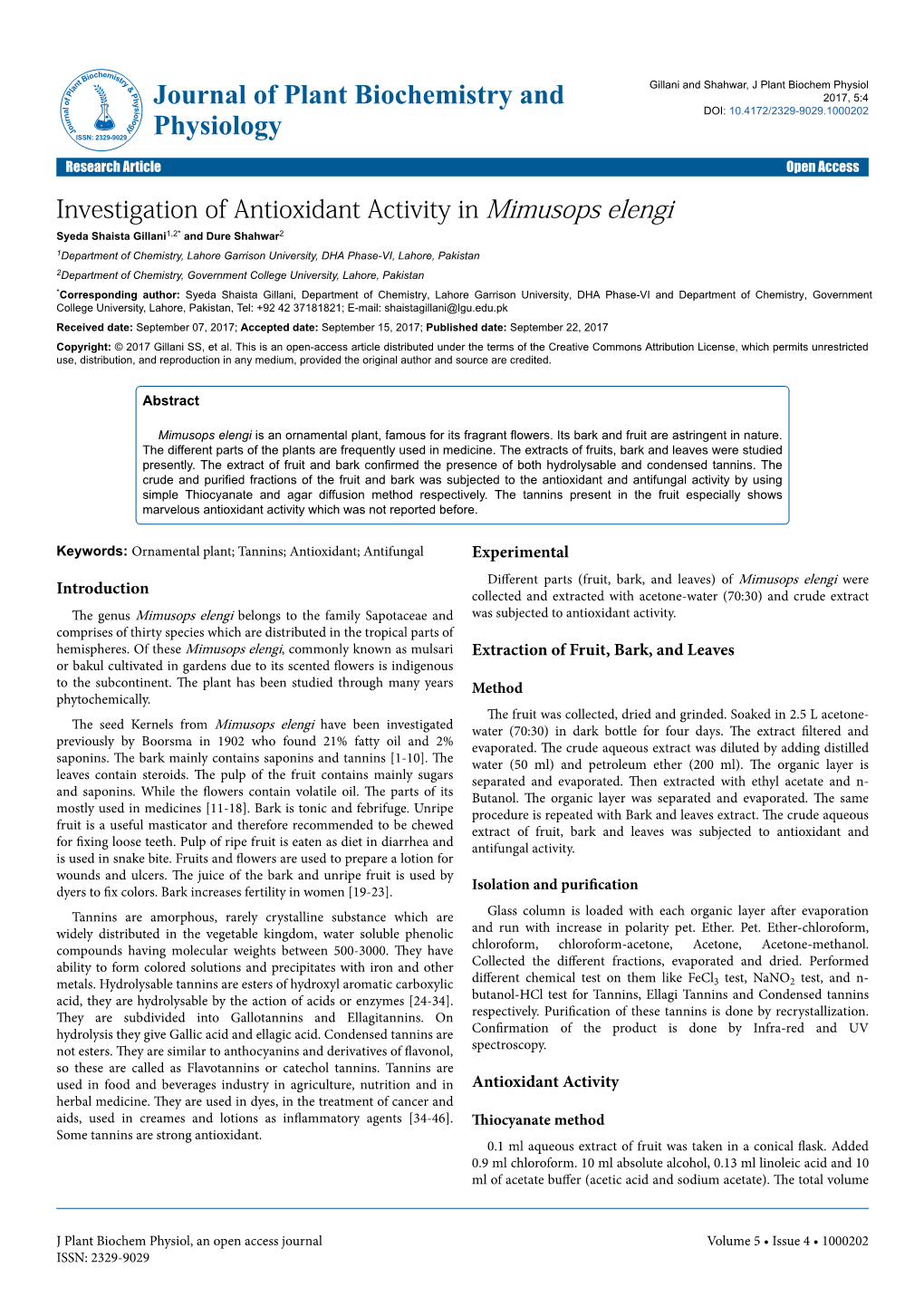 Investigation of Antioxidant Activity in Mimusops Elengi