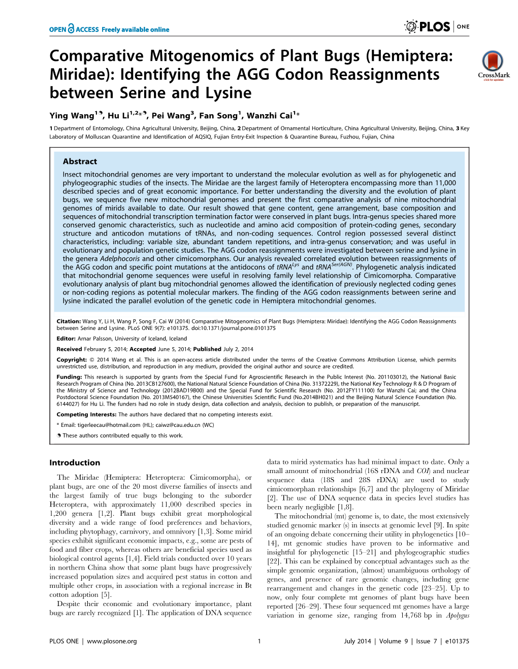 Hemiptera: Miridae): Identifying the AGG Codon Reassignments Between Serine and Lysine