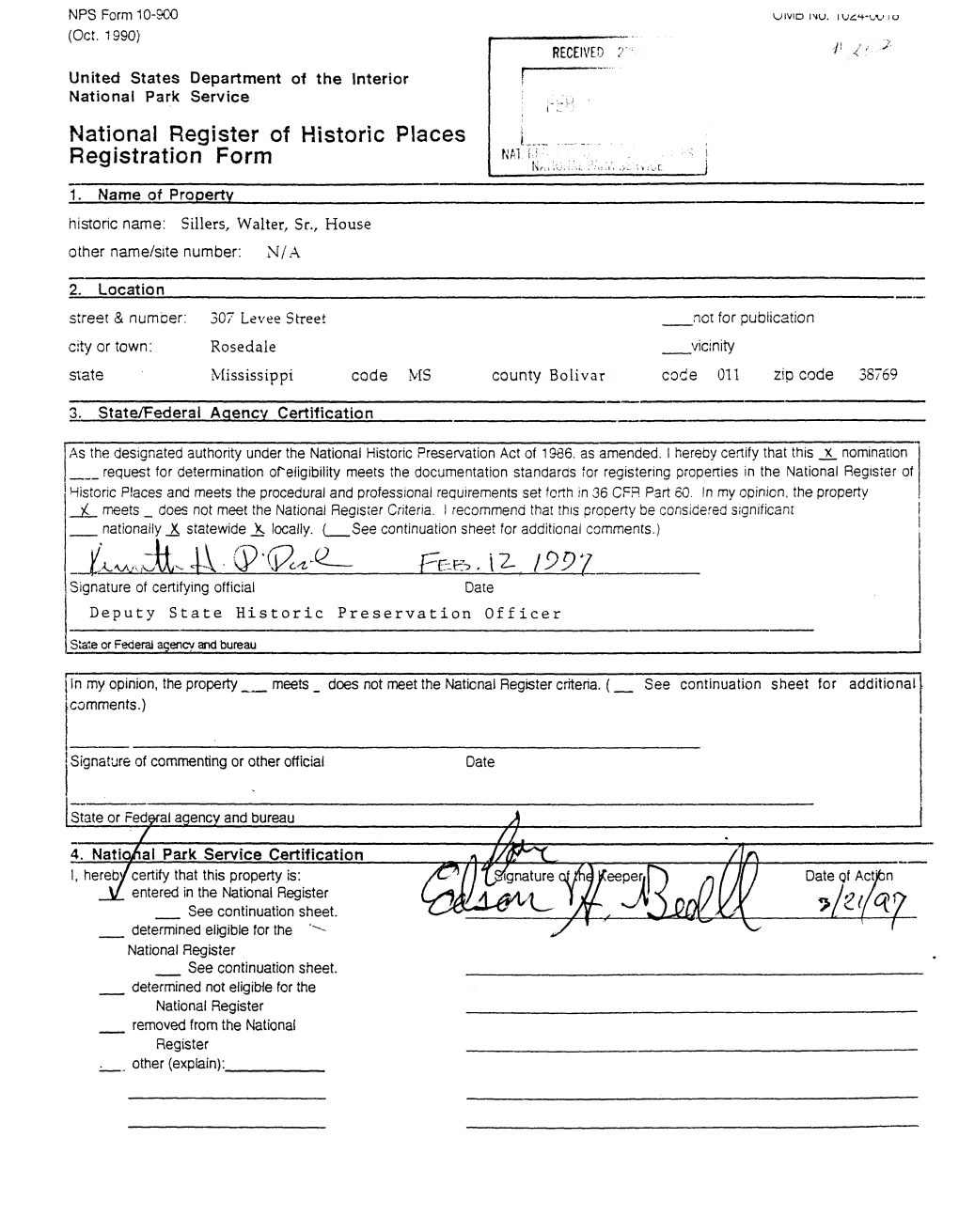 )L^Dt4x .(P'(Plt'£- Fe^.Iz 1997 Signature of Certifying Official Date Deputy State Historic Preservation Officer