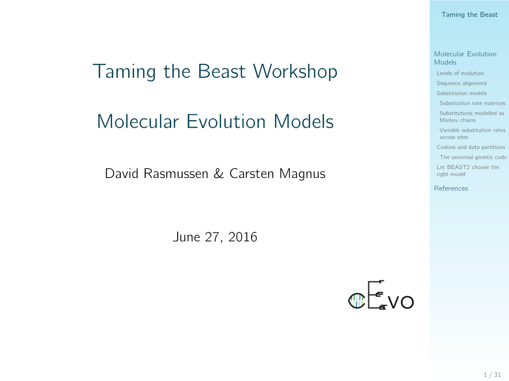 Taming the Beast Workshop Molecular Evolution Models