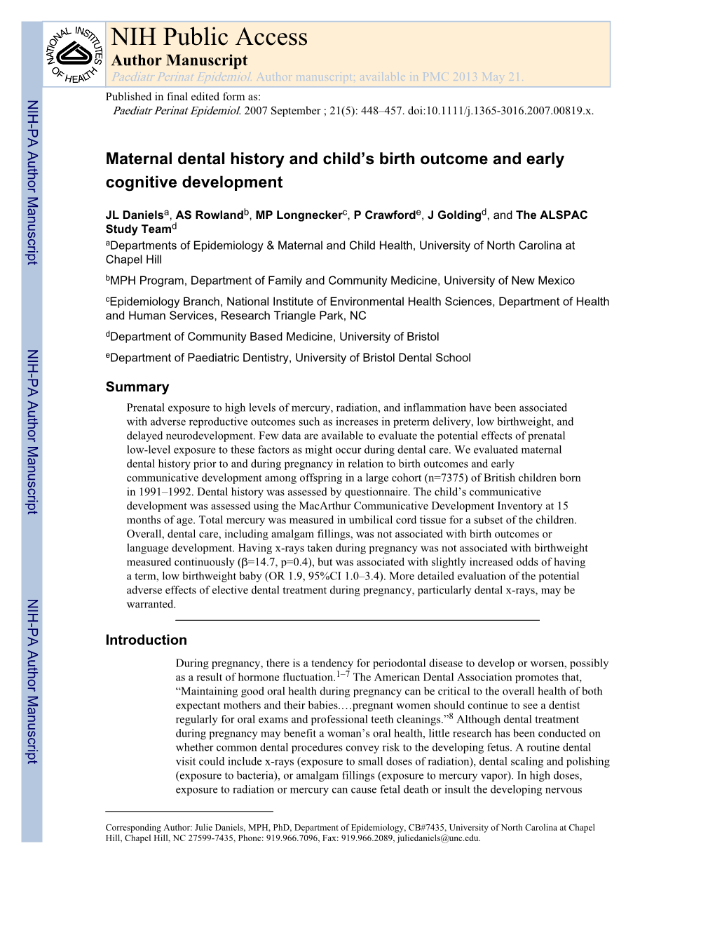 NIH Public Access Author Manuscript Paediatr Perinat Epidemiol