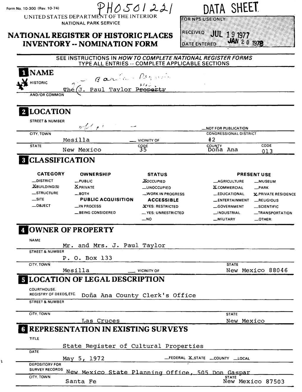 DATA SHEET, UNITED STATES DEPARTMENTEN of the INTERIOR NATIONAL PARK SERVICE NATIONAL REGISTER of HISTORIC PLACES INVENTORY -- NOMINATION FORM Illilllllill