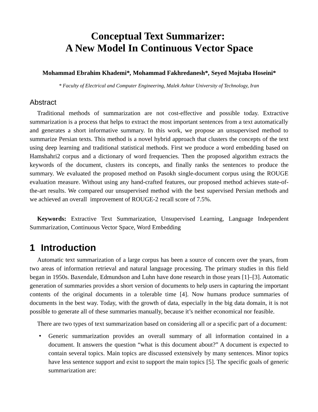 Conceptual Text Summarizer: a New Model in Continuous Vector Space