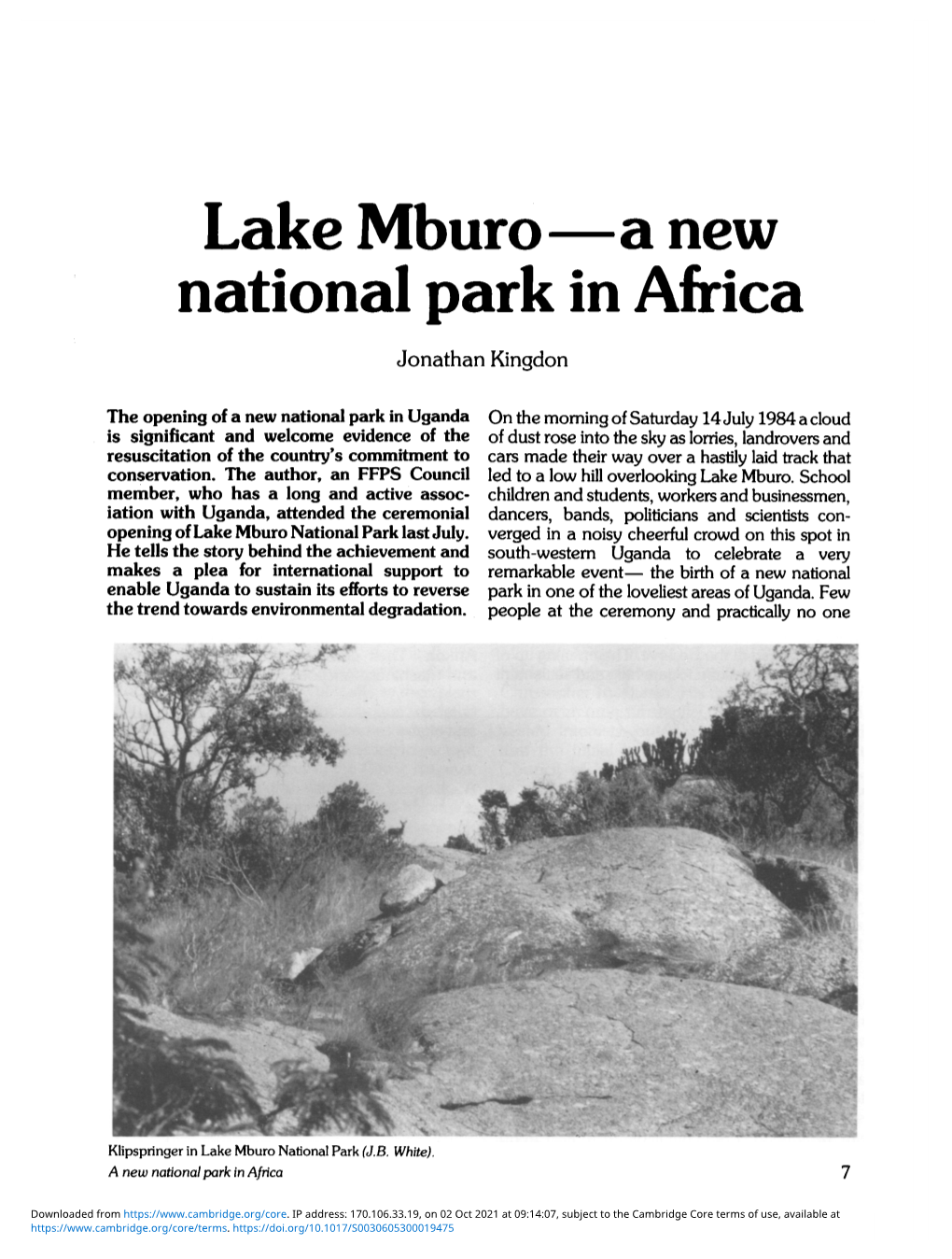 Lake Mburo—A New National Park in Africa Jonathan Kingdon