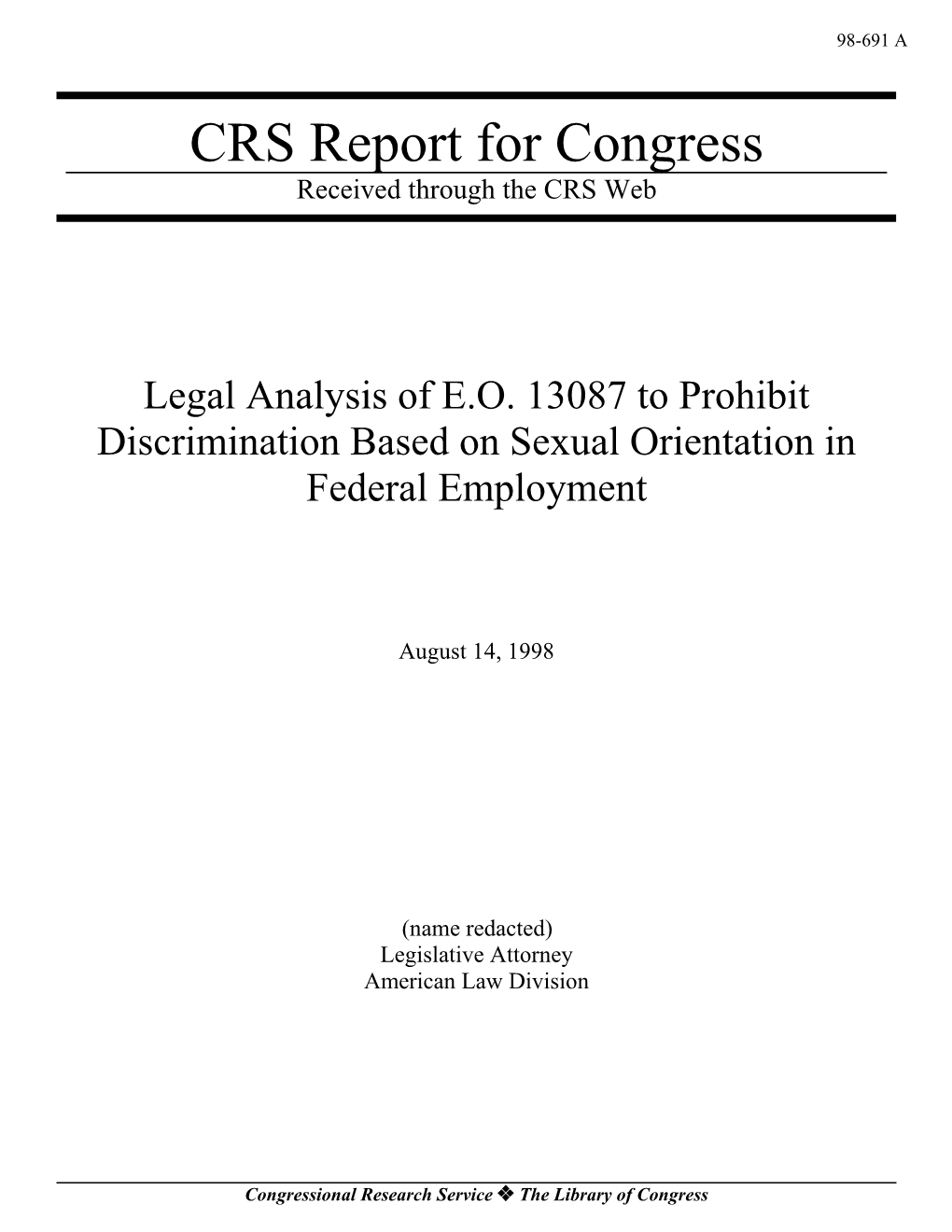 Legal Analysis of E.O. 13087 to Prohibit Discrimination Based on Sexual Orientation in Federal Employment