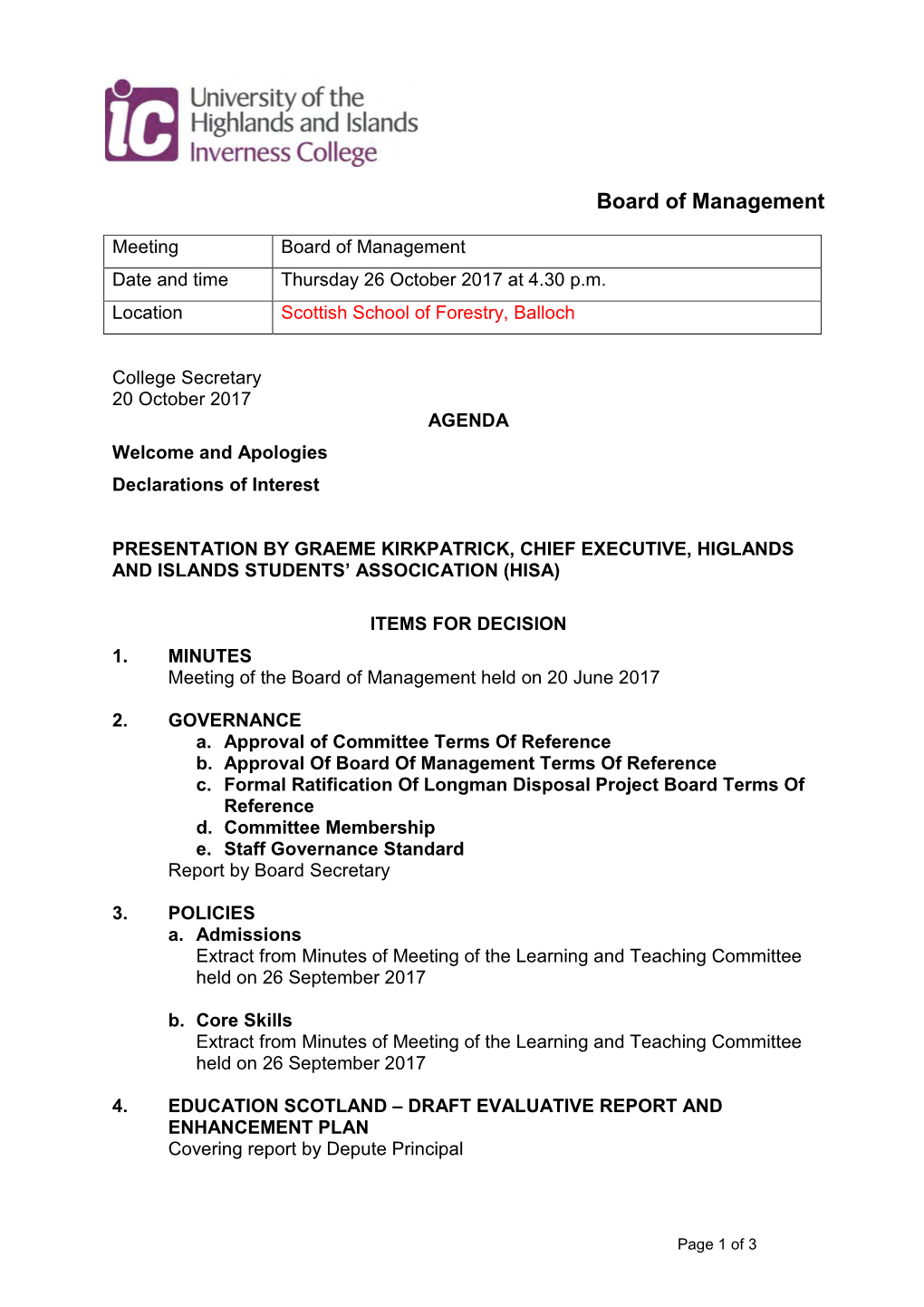 Board of Management Agenda 26 Oct 2017